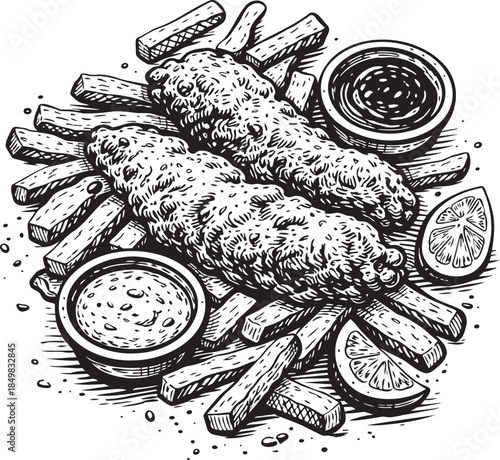 Fried chicken tenders with fries linocut etching food illustration for fast food menu