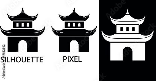 Minimalist and pixel vector icon depicting a traditional asian pagoda temple design