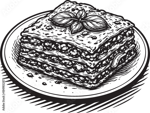 Layered lasagna slice linocut etching food illustration for italian menu and bistro branding