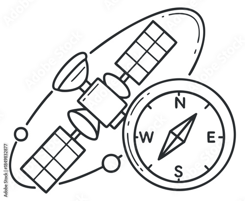 A satellite orbiting with a compass in minimalist outline vector style, ideal for navigation technology concepts