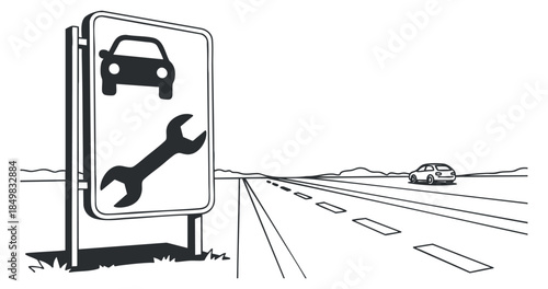 A car repair service sign featuring a car and wrench icon in black and white vector style, ideal for automotive-related designs