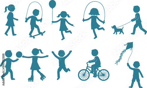 Set of diverse children silhouettes playing jumping running cycling and skating for childhood activity education healthy lifestyle and school development concepts