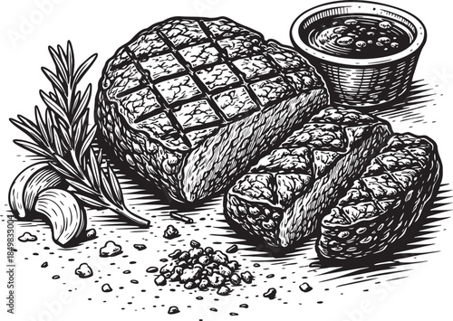 Grilled steak slices linocut etching food illustration for premium menu and butcher branding