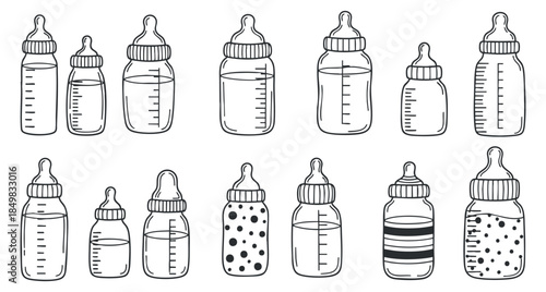 A set of various baby bottles in black and white outline vector style, perfect for childcare and parenting projects