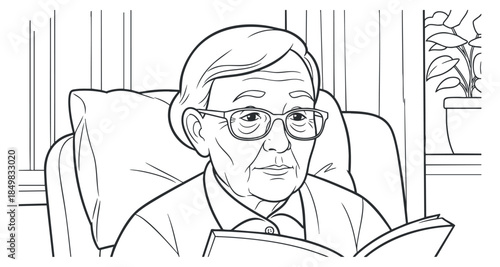 An elderly person wearing glasses, sitting comfortably in an armchair and reading a book in minimalist line art style, perfect for illustrations about leisure and relaxation.