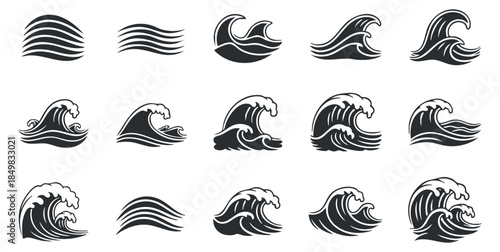 A collection of stylized wave illustrations in black and white minimalist vector style, perfect for marine-themed designs and branding