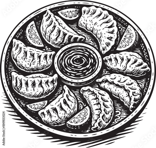 Steamed dumplings platter linocut etching food illustration for asian menu and restaurant presentation