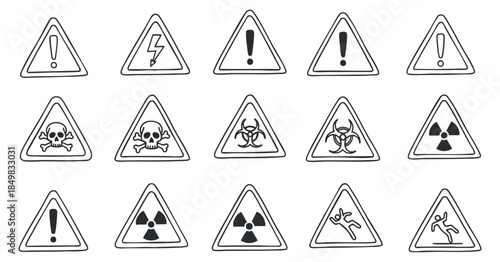 A set of warning hazard icons in black and white outline vector style, ideal for safety signage and emergency notification