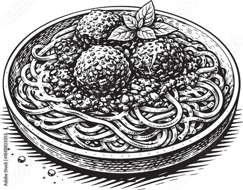 Spaghetti meatballs linocut etching food illustration for italian menu and packaging design
