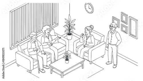 A group of four people engaged in a discussion in a cozy living room setting, depicted in line art vector style, suitable for lifestyle and interior design projects