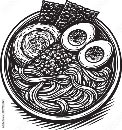 Ramen noodle bowl with egg linocut etching food illustration for asian menu presentation