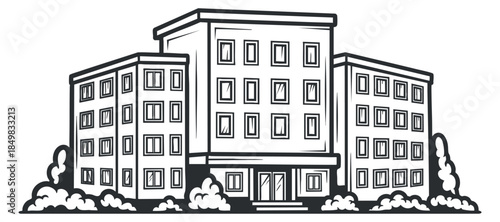 A detailed illustration of a modern apartment building in black and white outline vector style, suitable for architectural designs and real estate projects