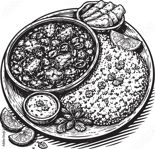 Chickpea curry with rice plate linocut etching food illustration for menu packaging and retro restaurant presentation