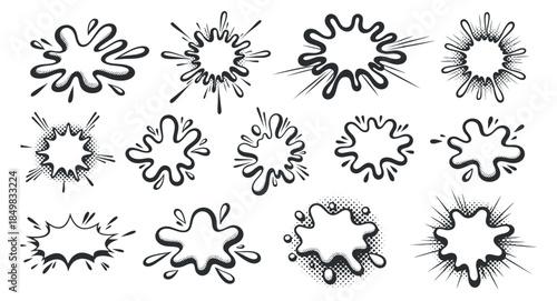 A collection of splash and burst shapes in black and white outline vector style, ideal for creative projects and graphic design