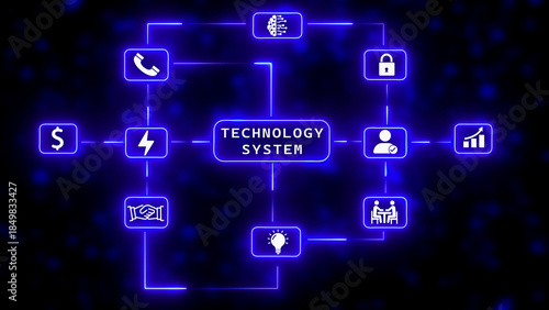Technology System Network Diagram with Neon Blue Connections and Icons Keywords: technology system, network diagram, flowchart, connections, icons, digital, futuristic, innovation, communication