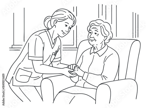 A nurse assisting an elderly woman in a caring and supportive manner, depicted in a black and white line art vector style, suitable for healthcare and wellness themes