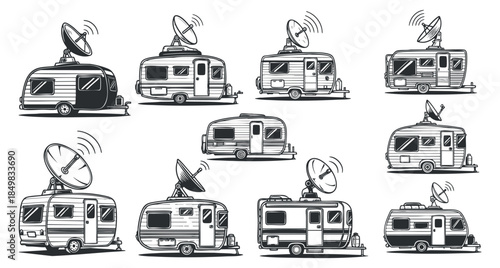 A collection of various camper vans and caravans with satellite dishes in black and white minimalist vector style, perfect for travel and adventure themes