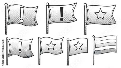 A set of six flags featuring symbols like exclamation marks and stars in black and white outline vector style, suitable for alerts and notifications