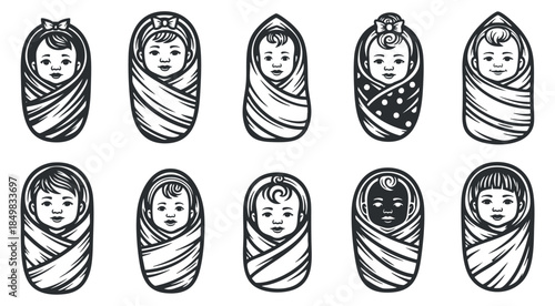 A collection of cute swaddled baby faces in black and white vector style, perfect for baby shower invitations and nursery decor