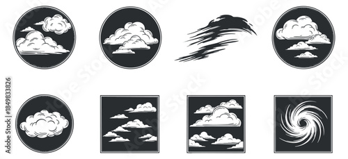 A collection of cloud illustrations featuring different styles and shapes in black and white vector format, suitable for weather-related designs