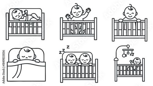 A collection of cute baby illustrations in outline vector style showing infants sleeping and playing in cribs, perfect for parenting themes