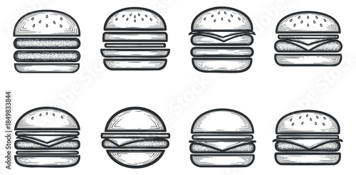 A collection of eight hamburger icons in black and white outline vector style, ideal for food menus and restaurant branding