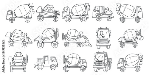 A collection of cement mixer trucks in outline vector style, suitable for construction-themed projects and illustrations