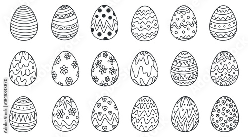 A collection of decorated Easter eggs in black and white outline style, perfect for spring-themed crafts and designs