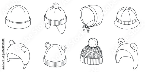 A collection of various winter hats including beanies with pom-poms and animal designs in minimalist black and white vector style, perfect for fashion illustrations and apparel branding
