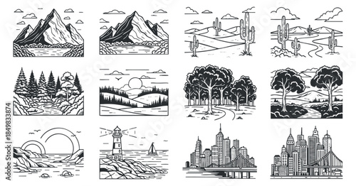 A collection of black and white landscape illustrations featuring mountains, forests, deserts, and urban skylines in minimalist vector style, ideal for outdoor and travel themes