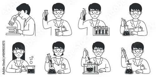 A collection of laboratory scientists conducting experiments with various equipment in black and white vector style, suitable for educational materials