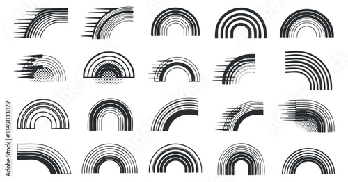 A collection of stylized rainbow illustrations in black and white vector style, ideal for modern graphic design projects