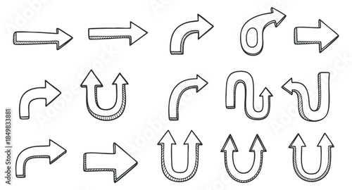 A collection of various arrow icons in outline vector style, suitable for navigation and wayfinding design projects