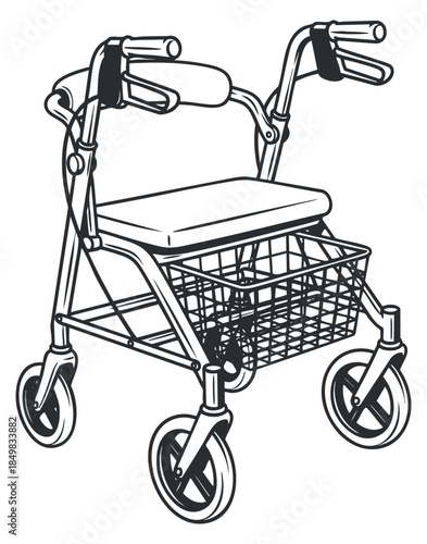 A mobility walker with wheels and a basket in black and white outline vector style, suitable for healthcare designs and accessibility projects