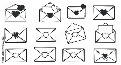 A collection of love-themed envelopes with hearts in black and white hand-drawn style, perfect for Valentine's Day designs