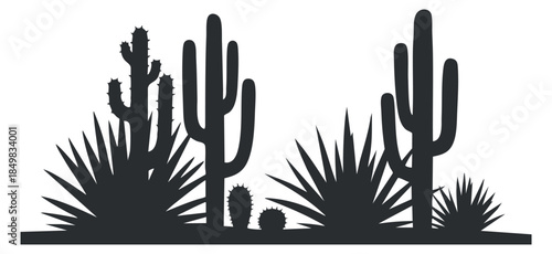 A collection of various cacti and desert plants in a black silhouette vector style, perfect for nature-themed designs