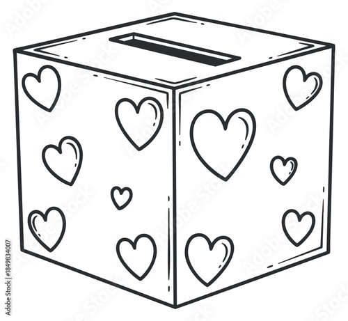 A donation box adorned with hearts in a simple outline vector style, suitable for charity events and love-themed promotions