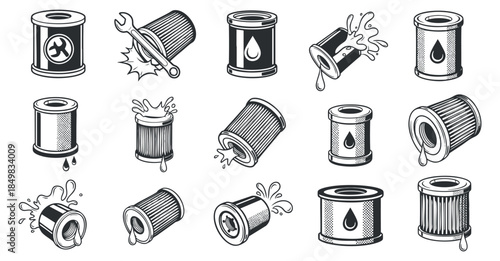 A collection of various oil and fuel filters with splashes and drips in black and white vintage vector style, ideal for automotive repair branding