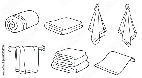 A collection of various towels including rolled, folded, and hanging styles in simple outline vector design, ideal for home decor and textile design