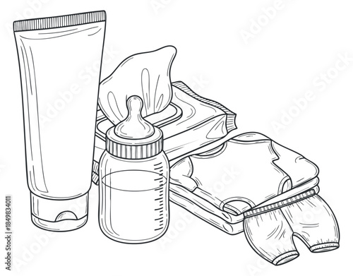 A collection of baby care products including lotion, wipes, a bottle, and a diaper in minimalist outline vector style, ideal for parenting resources