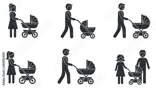 A set of family icons featuring parents pushing baby strollers in flat black and white vector style, suitable for parenting themes and illustrations