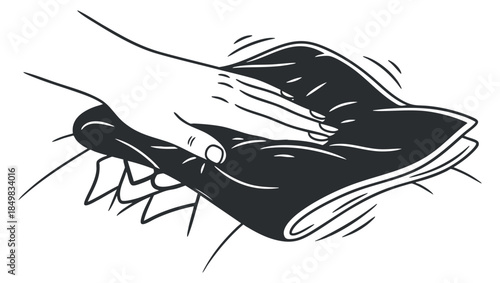 A hand using a cleaning cloth to wipe a surface in black and white minimalist vector style, ideal for cleaning service branding