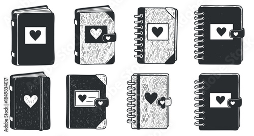 A collection of eight notebooks and journals with heart motifs in black and white hand-drawn vector style, perfect for stationery branding and design