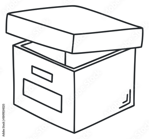 An open cardboard box with a lid in minimal outline vector style, suitable for storage and organization design projects