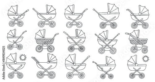 A collection of baby stroller icons in clean outline vector style, suitable for parenting and childcare projects