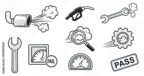 A collection of automotive repair icons including exhaust, fuel gauge, wrench, and inspection symbols in black and white vector style, suitable for mechanics and engineering projects