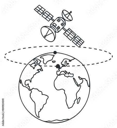 A satellite orbiting the Earth in minimalist line art vector style, suitable for technology and space-themed projects