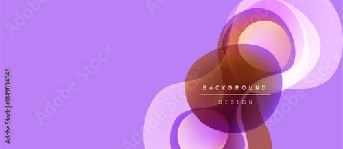 Abstract design features overlapping circles, gradients. Purple backdrop complements warm color palette. Modern, dynamic composition.