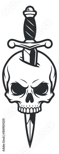A detailed skull with a sword piercing through it in black and white vector style, ideal for tattoo designs and edgy graphics