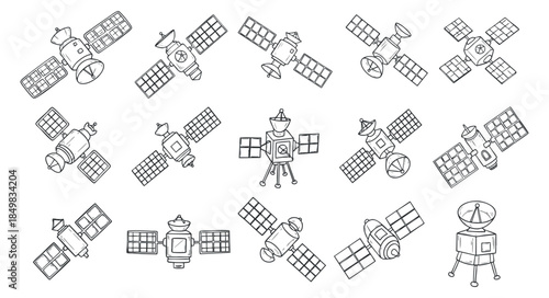 A collection of various satellite illustrations in simple outline vector style, suitable for educational and technological designs